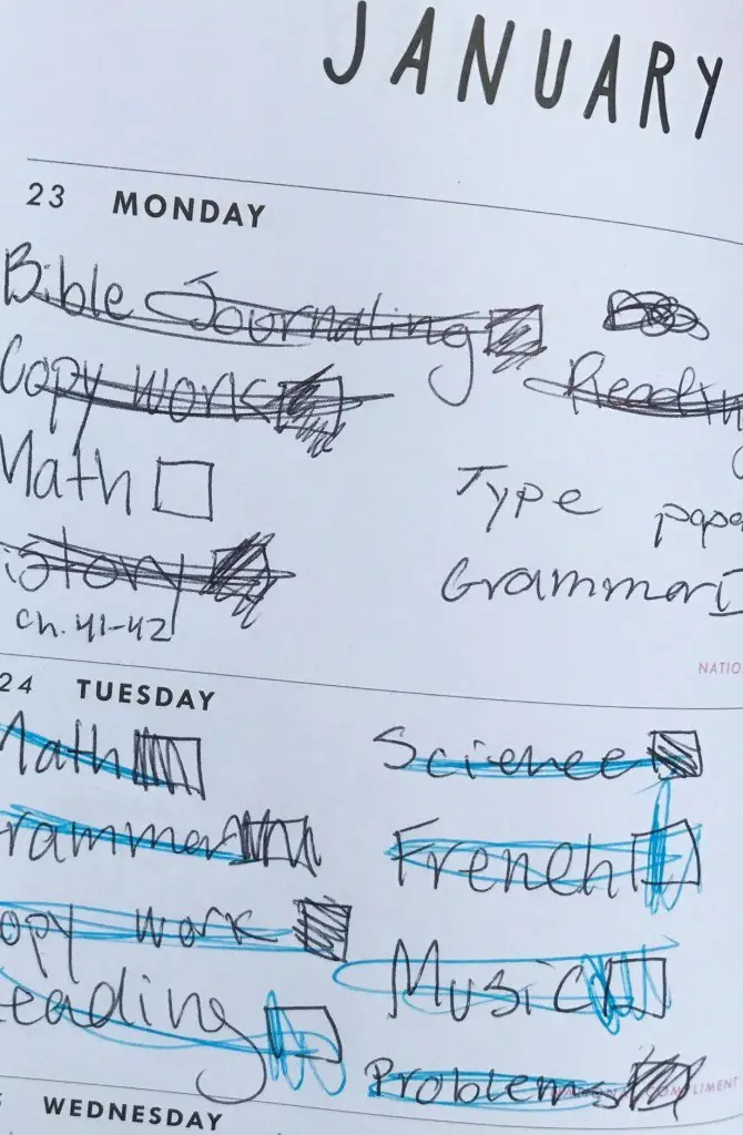 Example of a Middle Schooler Using a Planner for Homeschooling