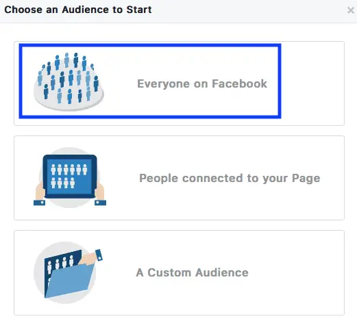 Facebook Ads Manager allows you to begin your targeting efforts with the entire Facebook community in the United States. Currently that number sits at 230,000,000!!