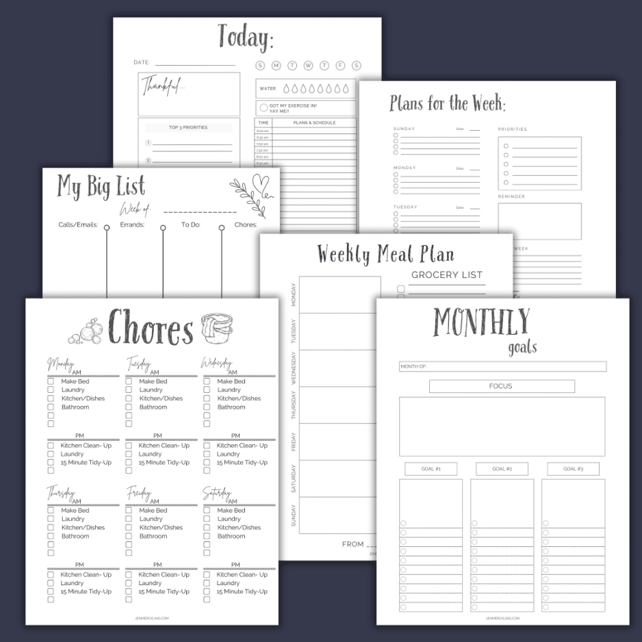 free planning pages for organizing chores, monthly goals, weekly lists