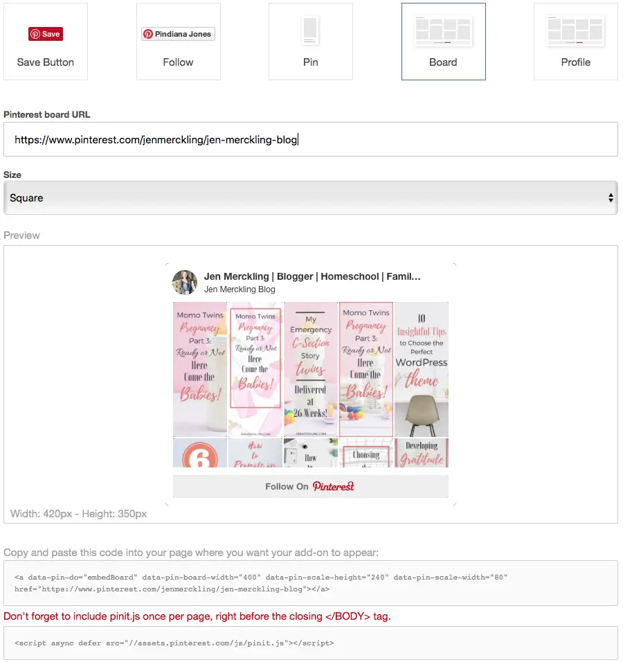 Pinterest Profile Boards to your website to showcase your pins or a specific board.