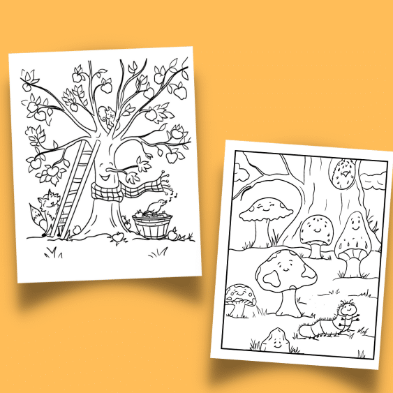 Fall Coloring Pages with Tree & Mushrooms
