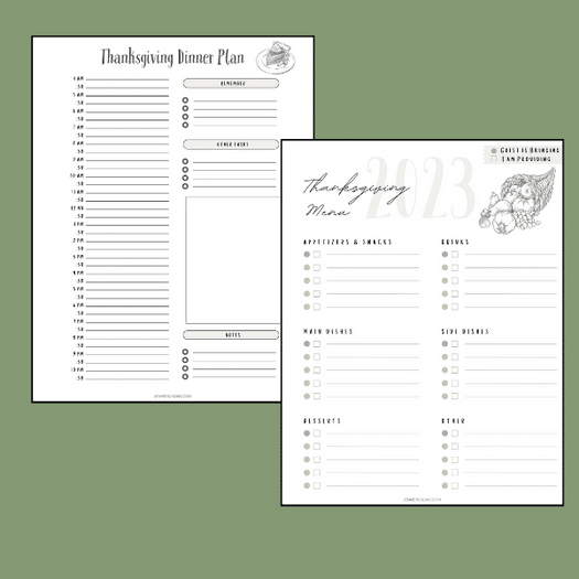 Thanksgiving Dinner Menu Planning Page and Thanksgiving Cooking Schedule from Free Christmas Planner Printables