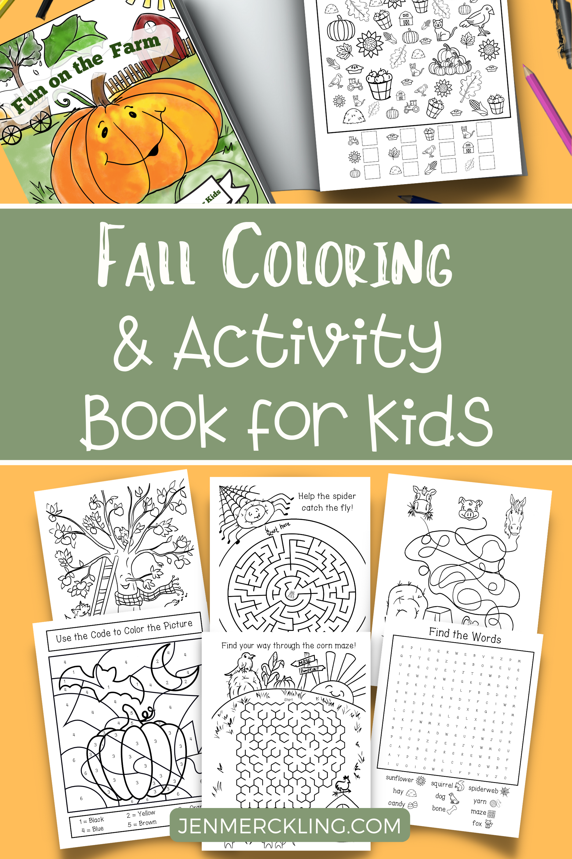 interior images and cover of fall coloring and activity book for kids